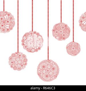 Vector decorative seamless Christmas border with red tree ball toy from floral doodle elements on white background. Christmas seamless border Stock Vector