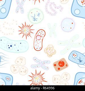Bright colorful biology cells, bacterias and virus, seamless pattern on white Stock Vector
