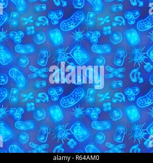 Bright glowy biology cells, bacterias and virus in blue water, seamless pattern Stock Vector