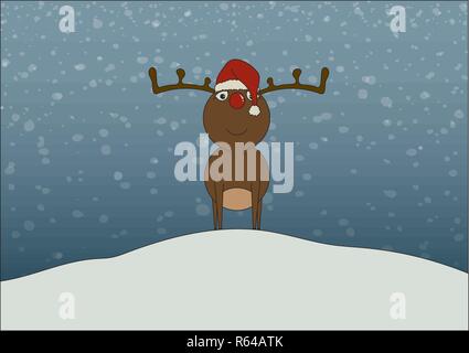 Cute reindeer in falling snow. Stock Vector