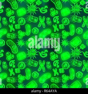 Bright glowy biology cells, bacterias and virus in green water, seamless pattern Stock Vector