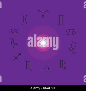 Astrological signs, Symbols of zodiac, horoscope, astrology and mystic signs vector illustration on a purple background Stock Vector
