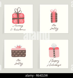 Set of four cards. Hand drawn gifts on blue textured backgrouns. Winter holidays. Christmas presents. Best wishes Stock Photo