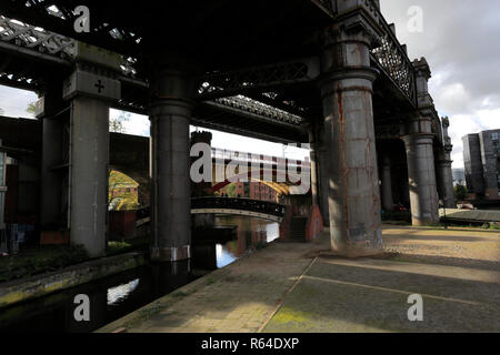 The Cornbrook and Great Northern Viaducts across Castlefield Canal Basin, Manchester City, Lancashire, England, UK Stock Photo