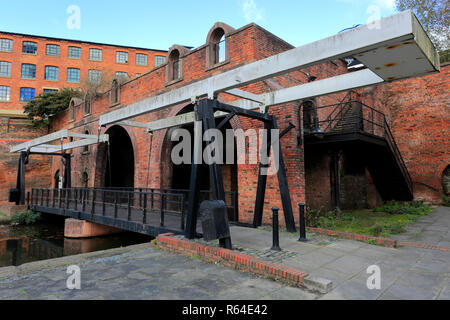 The Grocers Warehouse Ruins and Bridgewater Canal, Castlefield, Manchester, Lancashire, England, UK Stock Photo