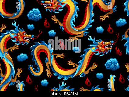 Seamless pattern with Chinese dragons. Traditional China symbol. Asian mythological color animals. Stock Vector