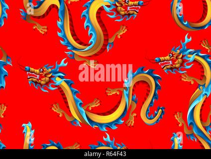 Seamless pattern with Chinese dragons. Traditional China symbol. Asian mythological color animals. Stock Vector