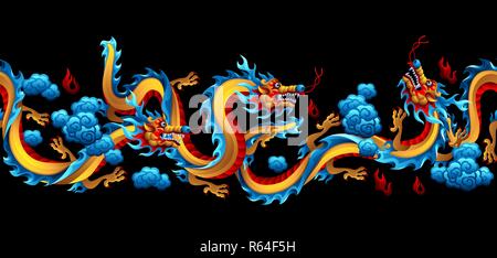 Seamless pattern with Chinese dragons. Traditional China symbol. Asian mythological color animals. Stock Vector