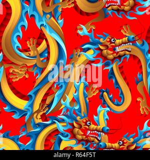 Seamless pattern with Chinese dragons. Traditional China symbol. Asian mythological color animals. Stock Vector