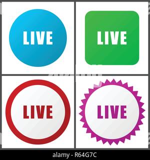 Live red, blue, green and pink vector icon set. Web icons. Flat design signs and symbols easy to edit Stock Vector