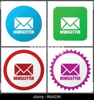 Newsletter red, blue, green and pink vector icon set. Web icons. Flat design signs and symbols easy to edit Stock Vector
