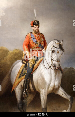 Tsar Alexander III on horseback, a painting in the Romanovs at Tsarskoe Selo exhibition at Catherine's Palace, St Petersburg, Russia. Stock Photo