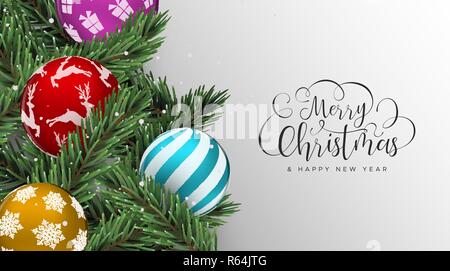 Merry Christmas Happy New Year card. Colorful xmas ornaments and realistic pine tree background. Multicolored holiday design for invitation or seasons Stock Vector