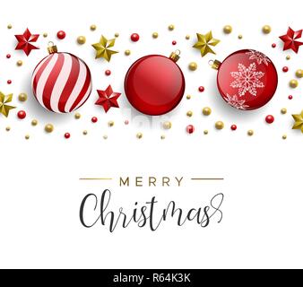 Merry Christmas card. Red realistic bauble ornaments and gold stars. Luxury holiday layout background for invitation or seasons greeting. Stock Vector