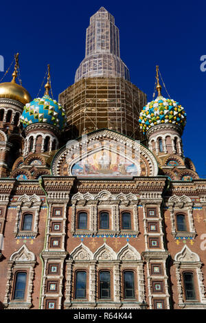 Detail of the 1907 Church of the Savior on Spilled Blood in Saint-Petersburg, Russia. Currently undergoing renovation. Stock Photo
