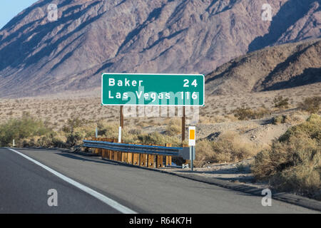 Las Vegas 116 miles highway on Interstate 15 near Baker in the Mojave Desert area of Southern California. Stock Photo