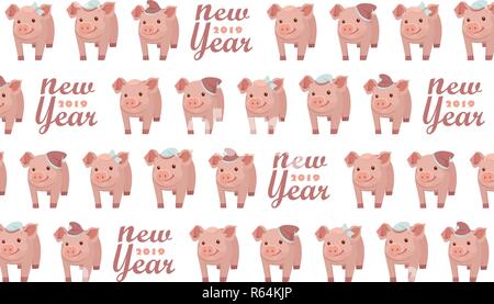 New Year 2019. Seamless pattern with five pigs, vector textile fabric print. Vector illustration Stock Vector