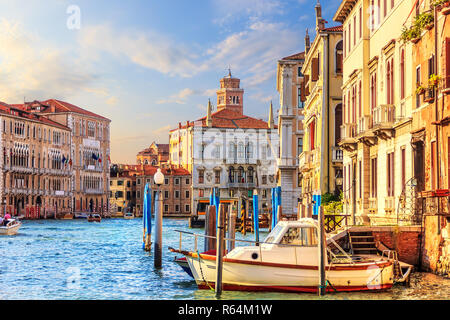 Grand Canal in Venice with its traditional palaces, piers and bo Stock Photo