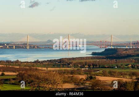Three bridges, the Queensferry Crossing, Forth Road bridge, and Forth Rail Bridge spanning the Firth of Forth between North and South Queensferry.