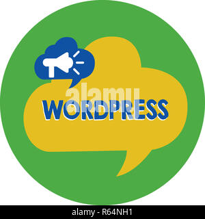 Word writing text Wordpress. Business concept for free source publishing software that can installed web server Megaphone in Speech Bubble Announcing  Stock Photo