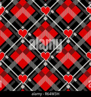 Valentine s Day Hipster Style Tartan and Buffalo Check Plaid Vector Patterns Black and Red Hearts, Pattern Tile Swatches Included. eps10 Stock Vector