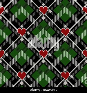 Valentine s Day Hipster Style Tartan and Buffalo Check Plaid Vector Patterns Black and green with Red Hearts, Pattern Tile Swatches Included. eps10 Stock Vector
