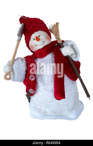 Cheerful snowman with broom and shovel against bokeh background. Good New Year spirit. New Year, Christmas concept Stock Photo