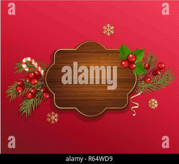 Merry Christmas and New Year wishing template in wooden frame on red background with traditional christmas decorations-candy cane, christmas tree branch,snowflakes.Vector illustration Stock Vector