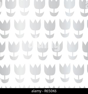 Silver foil abstract flowers repeating on white Stock Vector