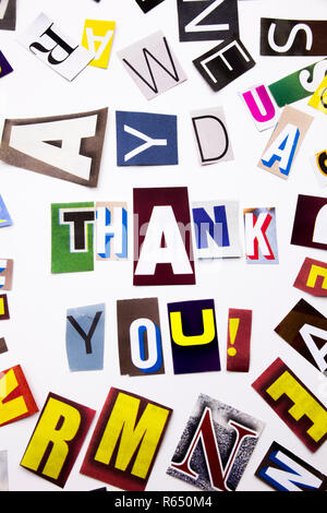 A word writing text showing concept of Thank You, Thanking made of different magazine newspaper letter for Business case on the white background with copy space Stock Photo
