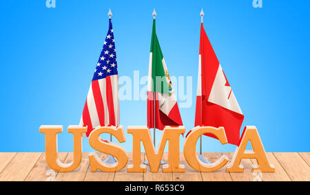 United States Mexico Canada Agreement, USMCA concept on the wooden table. 3D rendering Stock Photo