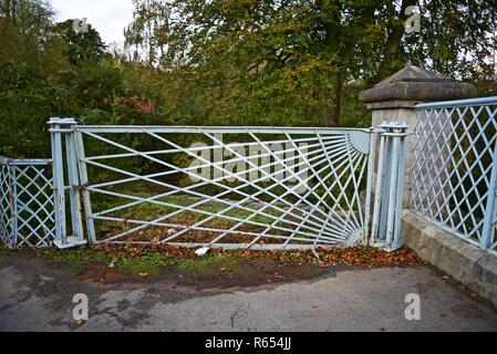 1930s Art Deco steel gates and detail of the Menai Suspension Bridge, Bangor, Gwynedd, Wales, UK Stock Photo