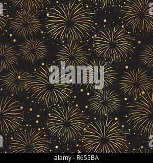Firework seamless vector pattern. Gold foil isolated. Metallic shiny fireworks on black background Stock Vector