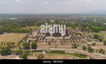 aerial view hindu temple Candi Prambanan in Indonesia Yogyakarta, Java. Rara Jonggrang Hindu temple complex. Religious building tall and pointed architecture Monumental ancient architecture, carved stone walls. Stock Photo