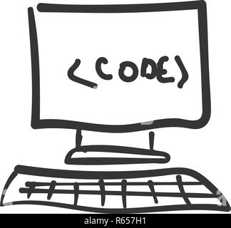 Computer display, program code. Children s drawing doodle Stock Vector