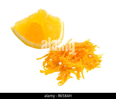 Fresh Orange Zest with piece of fruit. Isolated on white background. Stock Photo