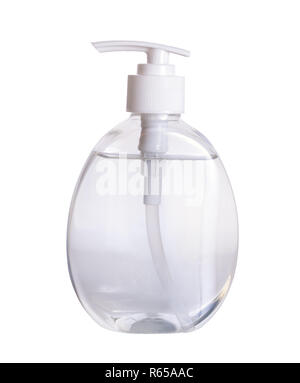 Transparent Plastic Bottle with liquid soap on a white background.  Isolated. Stock Photo