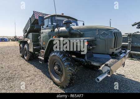 International military technical forum 'ARMY-2018». Combat vehicle 2B17 M1 of multiple-launch rocket system 9K51 Tornado-G. Stock Photo