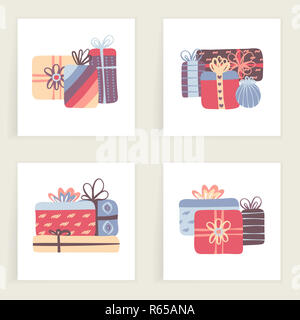 Set of four cards. Hand drawn colorful gifts isolated on white. Winter holidays. Artistic backgrounds with presents Stock Photo