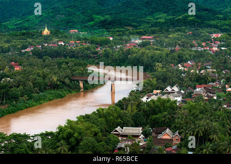Aerial views of Luang Prabang city and Mekong river from Phousi Mountain. Laos