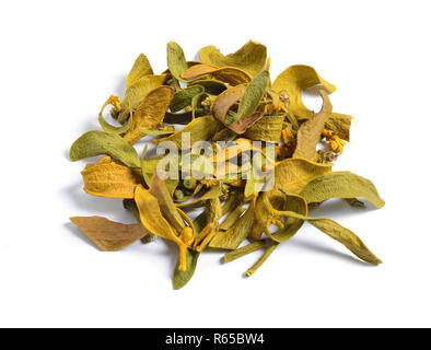 Dried medicinal herbs raw materials isolated on white. Viscum album, commonly known as European mistletoe Stock Photo