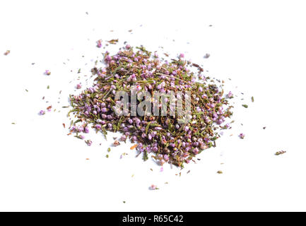 Dried medicinal herbs raw materials isolated on white. Flowers of Calluna vulgaris, known as common heather, ling, or simply heather Stock Photo