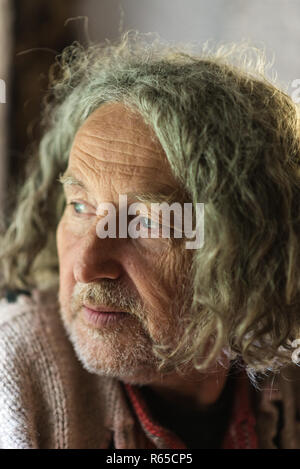 Portrait of a senior man with long curly hair and short cut beard. Stock Photo