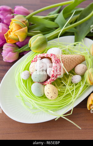 easter eggs in waffle duck Stock Photo