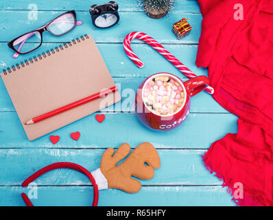open blank notebook and red cup of coffee Stock Photo