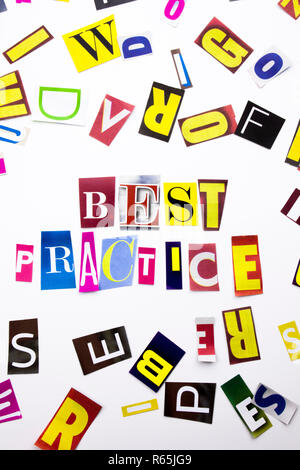 A word writing text showing concept of Best Practice made of different magazine newspaper letter for Business case on the white background with copy space Stock Photo