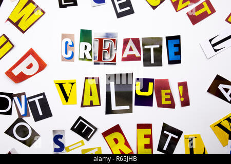A word writing text showing concept of Create Value made of different magazine newspaper letter for Business case on the white background with copy space Stock Photo