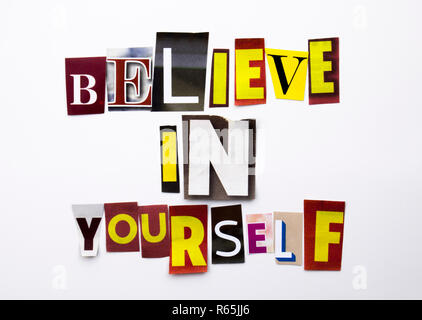 A word writing text showing concept of Believe In Yourself made of different magazine newspaper letter for Business case on the white background with copy space Stock Photo