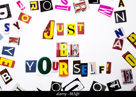 A word writing text showing concept of Just Be Yourself made of different magazine newspaper letter for Business case on the white background with copy space Stock Photo