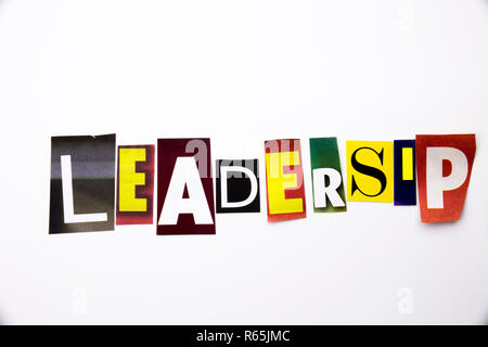 A word writing text showing concept of Leadership made of different magazine newspaper letter for Business case on the white background with copy space Stock Photo